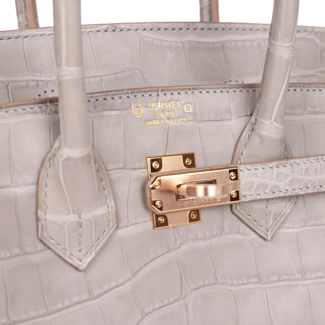Top quality Hermes Special Order (HSS) Birkin 25 Gris Perle Verso Matte Alligator Rose Gold Hardware