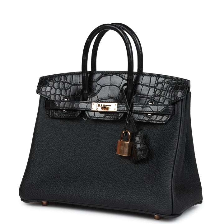 Top quality Hermes Birkin 25 Black Matte Alligator and Togo Touch Gold Hardware