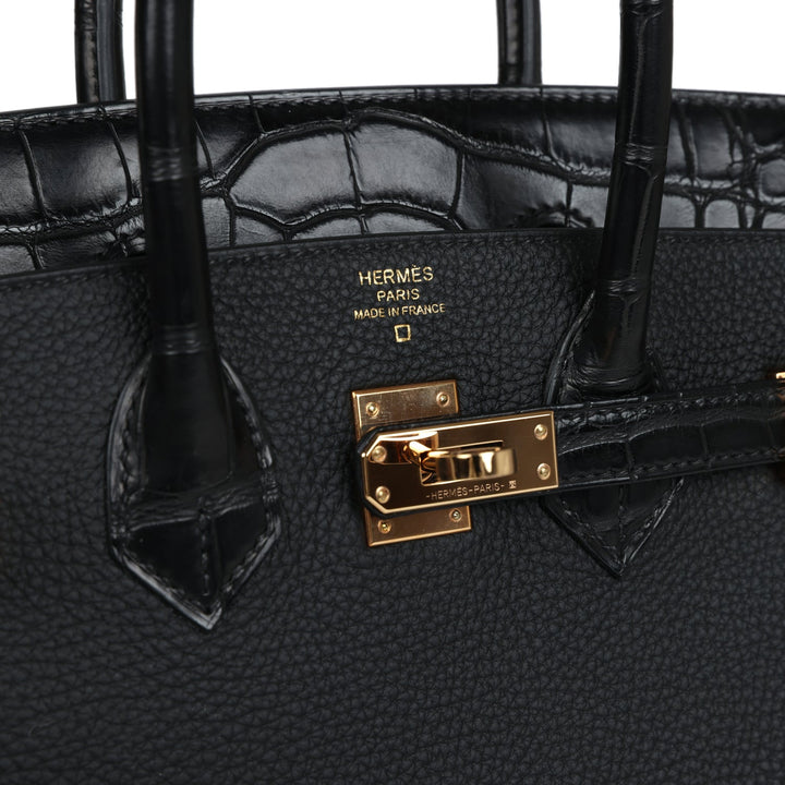Top quality Hermes Birkin 25 Black Matte Alligator and Togo Touch Gold Hardware