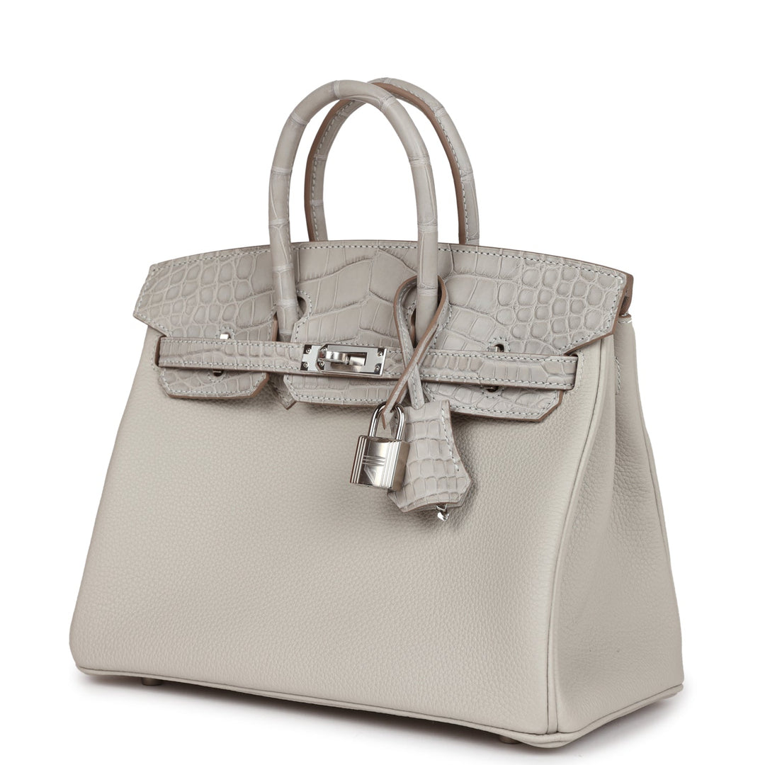 Top quality Hermes Birkin 25 Gris Perle Matte Alligator and Togo Touch Palladium Hardware