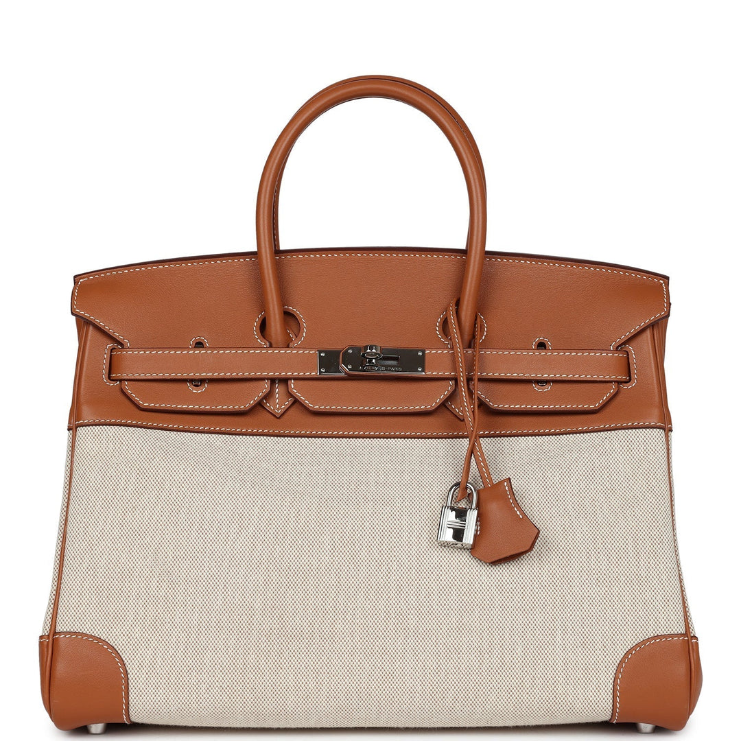 Premium Handmade Hermes Birkin 35 Toile H and Fauve Barenia Palladium Hardware