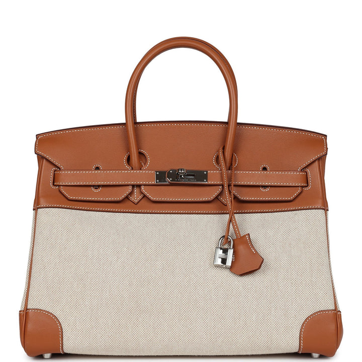 Premium Handmade Hermes Birkin 35 Toile H and Fauve Barenia Palladium Hardware