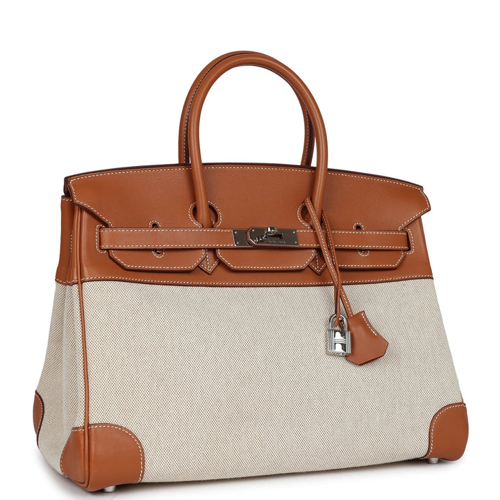Premium Handmade Hermes Birkin 35 Toile H and Fauve Barenia Palladium Hardware