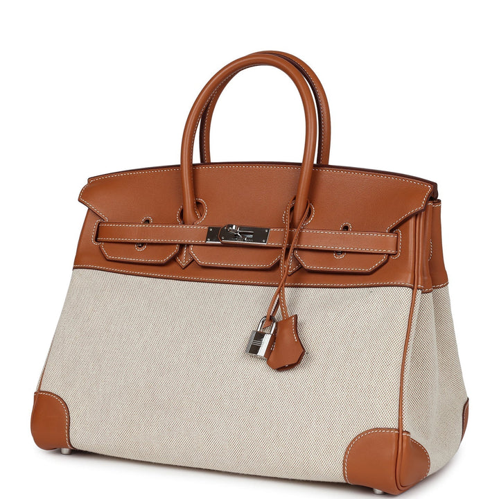 Premium Handmade Hermes Birkin 35 Toile H and Fauve Barenia Palladium Hardware