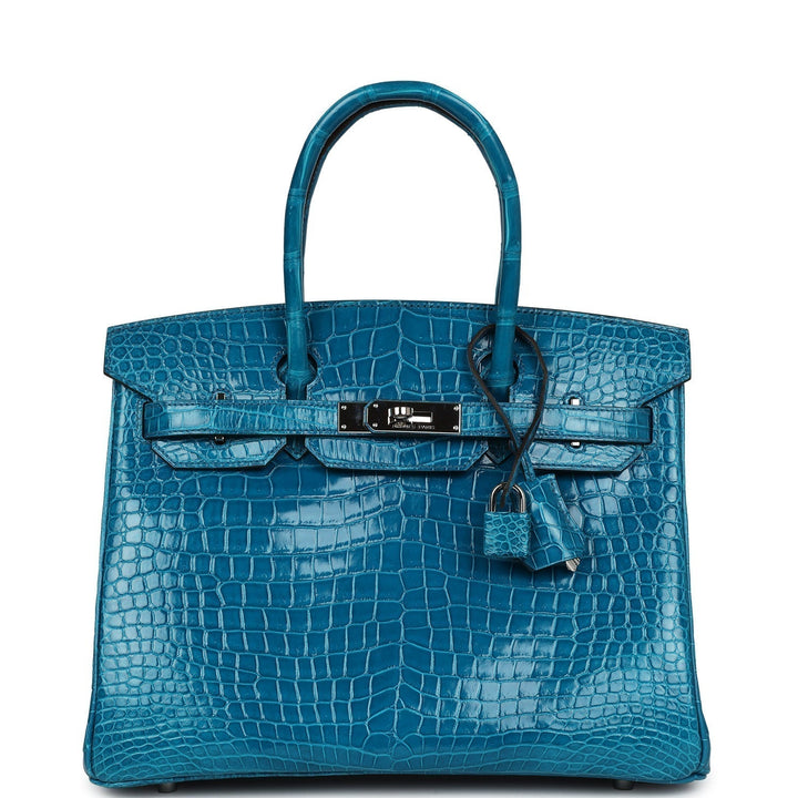 Premium Handmade Hermes Birkin 30 Bleu Izmir Shiny Porosus Crocodile Palladium Hardware
