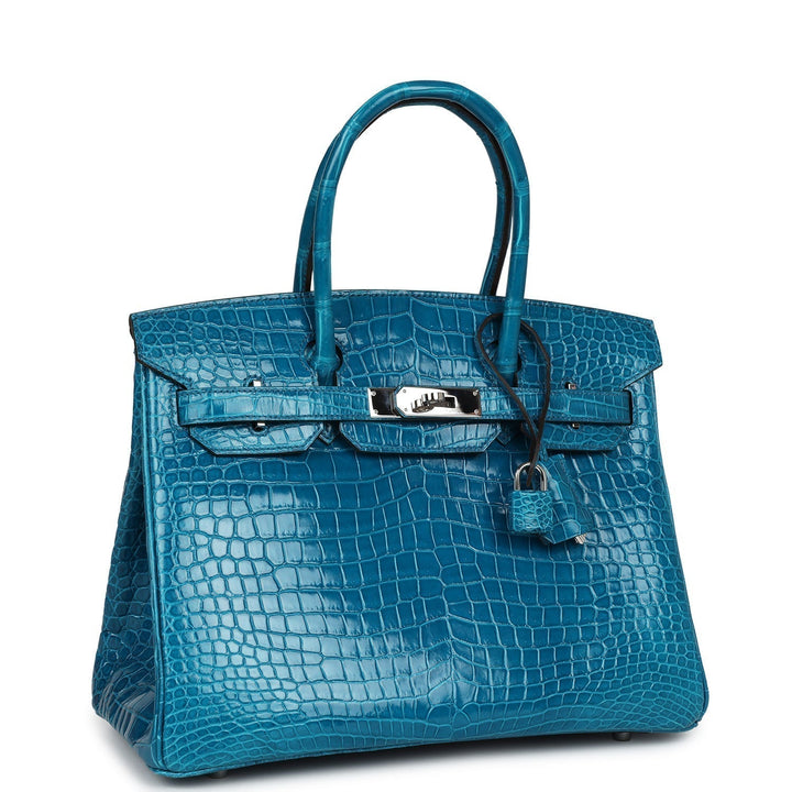 Premium Handmade Hermes Birkin 30 Bleu Izmir Shiny Porosus Crocodile Palladium Hardware