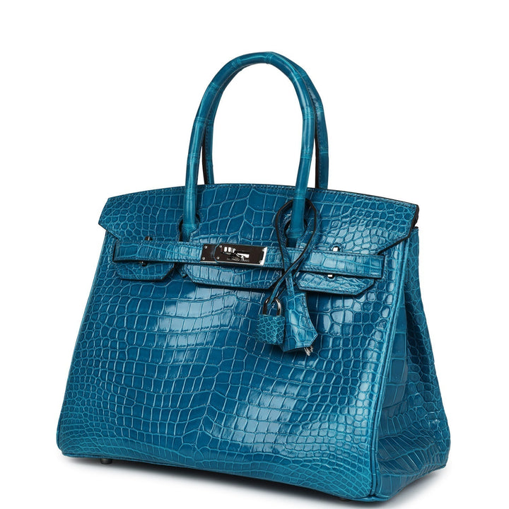 Premium Handmade Hermes Birkin 30 Bleu Izmir Shiny Porosus Crocodile Palladium Hardware