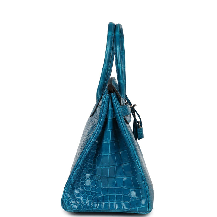 Premium Handmade Hermes Birkin 30 Bleu Izmir Shiny Porosus Crocodile Palladium Hardware