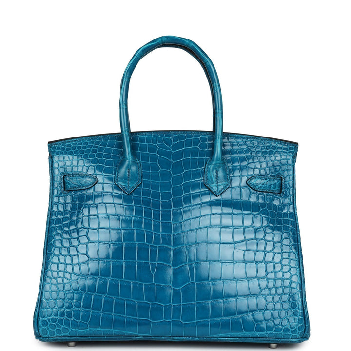 Premium Handmade Hermes Birkin 30 Bleu Izmir Shiny Porosus Crocodile Palladium Hardware