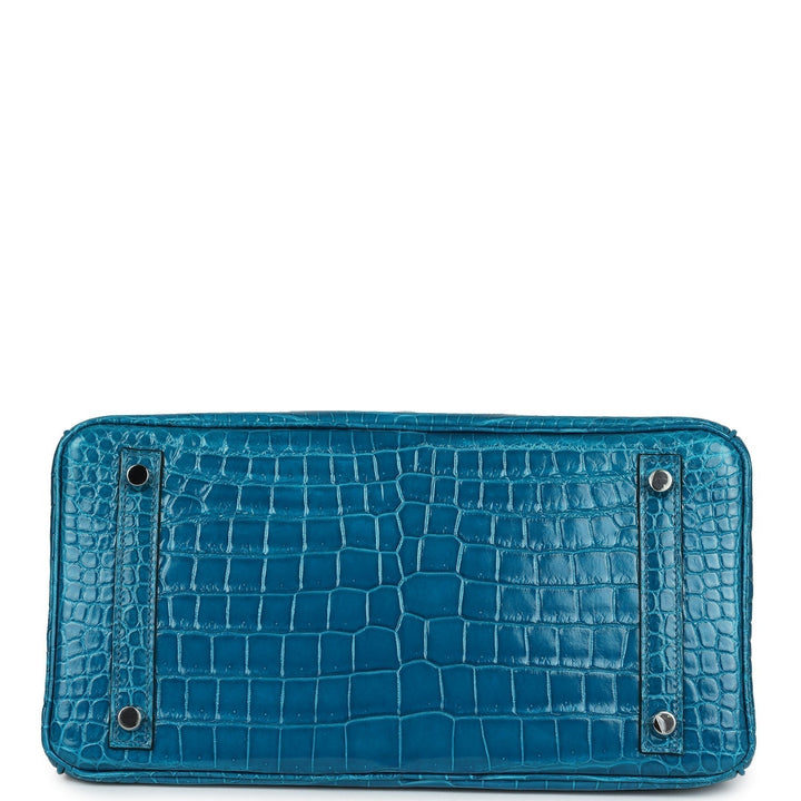 Premium Handmade Hermes Birkin 30 Bleu Izmir Shiny Porosus Crocodile Palladium Hardware