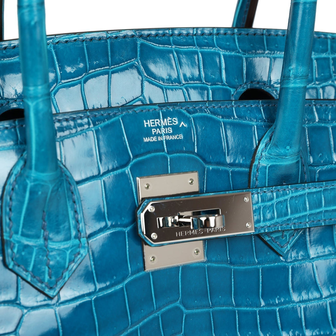 Premium Handmade Hermes Birkin 30 Bleu Izmir Shiny Porosus Crocodile Palladium Hardware