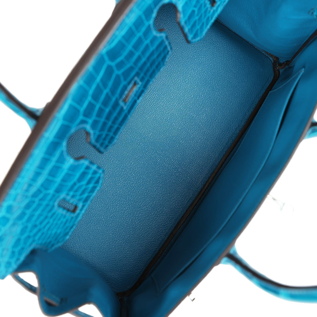 Premium Handmade Hermes Birkin 30 Bleu Izmir Shiny Porosus Crocodile Palladium Hardware