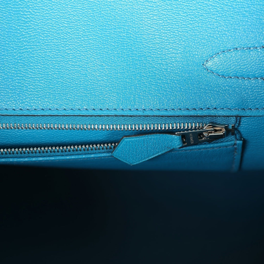 Premium Handmade Hermes Birkin 30 Bleu Izmir Shiny Porosus Crocodile Palladium Hardware