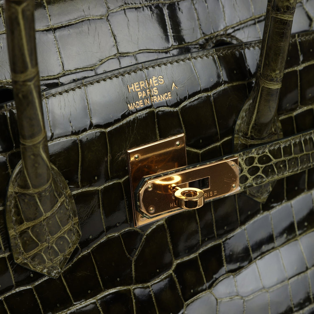Premium Handmade Hermes Birkin 35 Vert Veronese Shiny Porosus Crocodile Gold Hardware