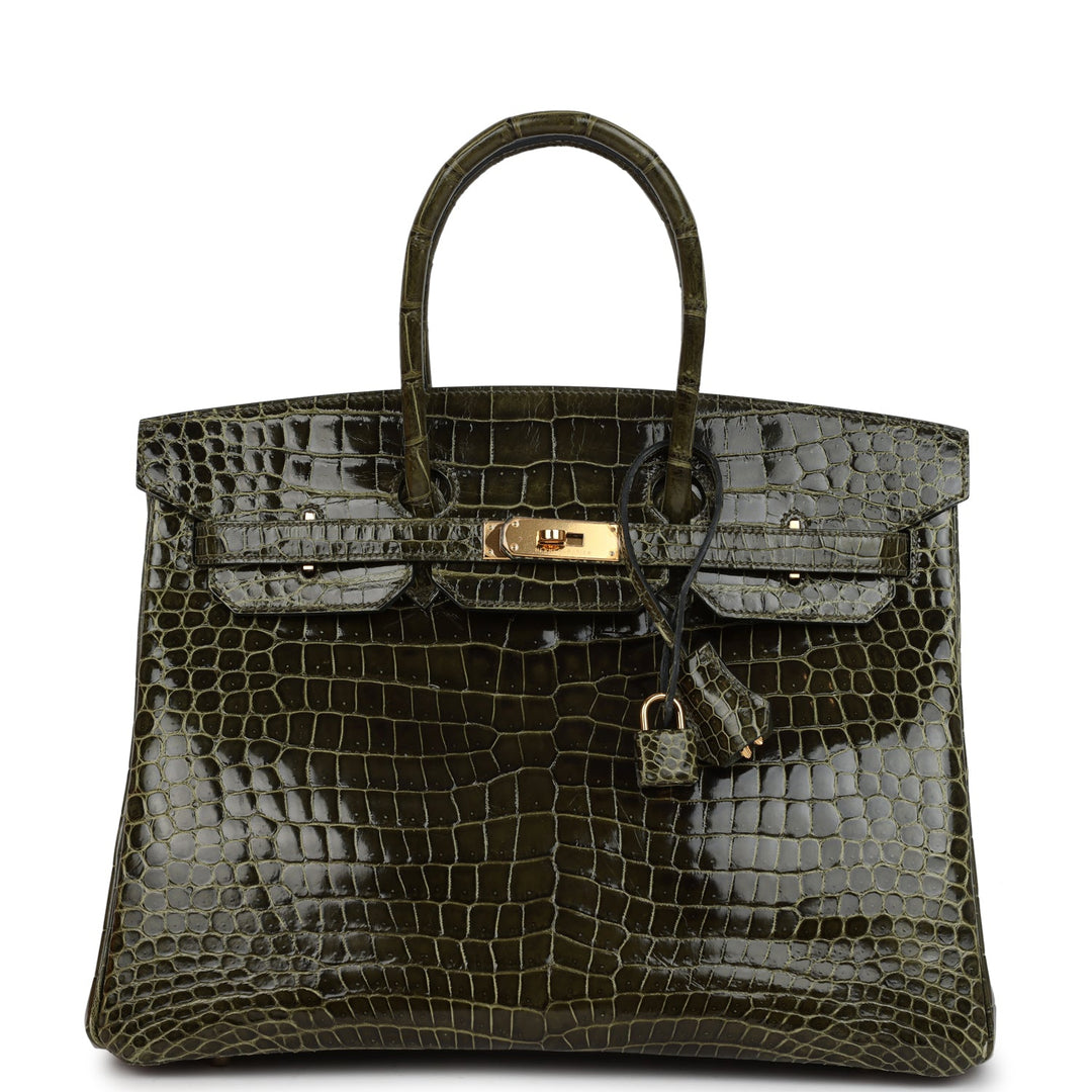 Premium Handmade Hermes Birkin 35 Vert Veronese Shiny Porosus Crocodile Gold Hardware