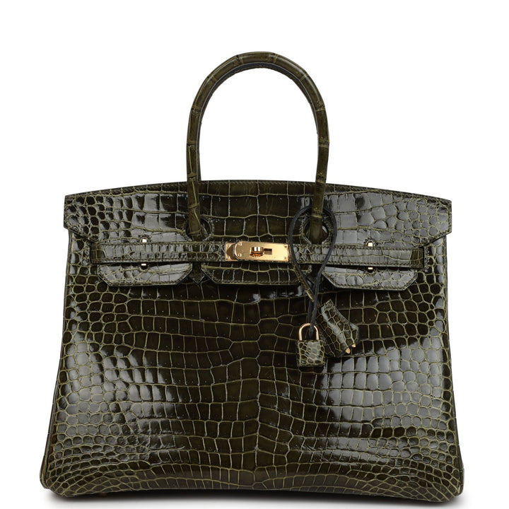 Premium Handmade Hermes Birkin 35 Vert Veronese Shiny Porosus Crocodile Gold Hardware