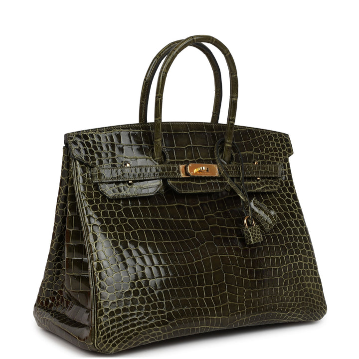 Premium Handmade Hermes Birkin 35 Vert Veronese Shiny Porosus Crocodile Gold Hardware