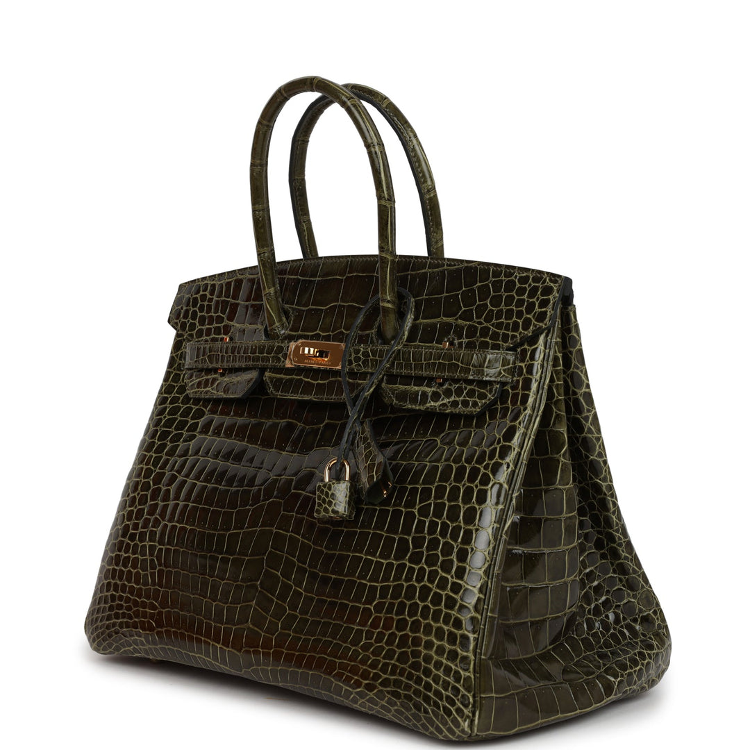 Premium Handmade Hermes Birkin 35 Vert Veronese Shiny Porosus Crocodile Gold Hardware