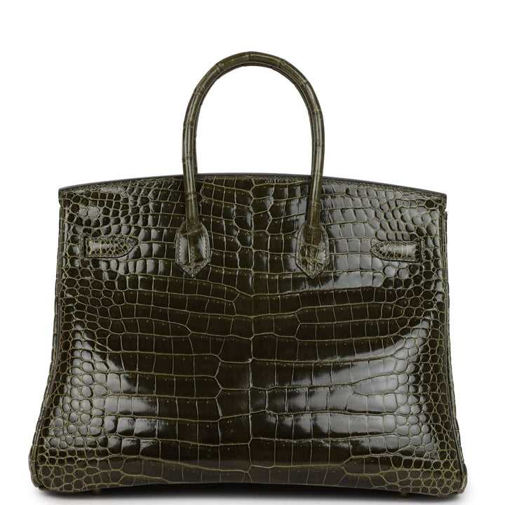 Premium Handmade Hermes Birkin 35 Vert Veronese Shiny Porosus Crocodile Gold Hardware