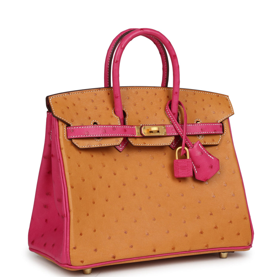 Top quality Hermes Special Order (HSS) Birkin 25 Gold and Rose Tyrien Ostrich Brushed Gold Hardware
