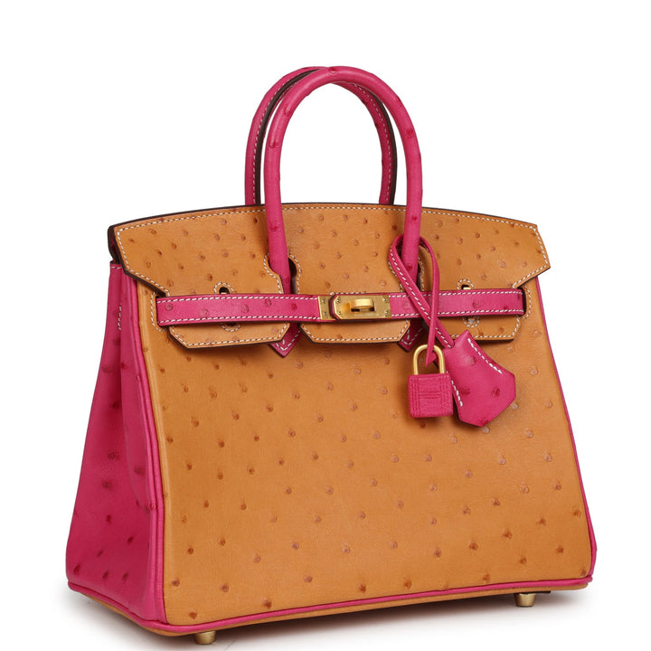 Top quality Hermes Special Order (HSS) Birkin 25 Gold and Rose Tyrien Ostrich Brushed Gold Hardware