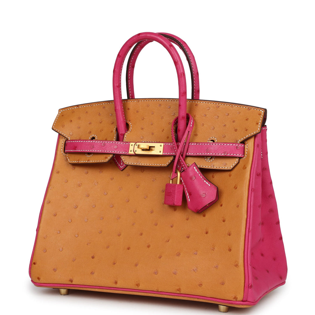Top quality Hermes Special Order (HSS) Birkin 25 Gold and Rose Tyrien Ostrich Brushed Gold Hardware