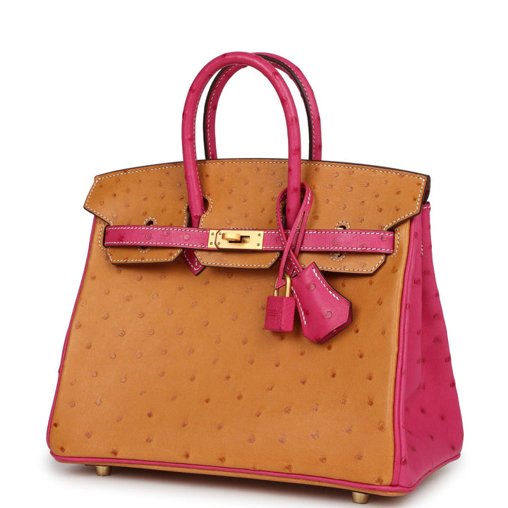 Top quality Hermes Special Order (HSS) Birkin 25 Gold and Rose Tyrien Ostrich Brushed Gold Hardware