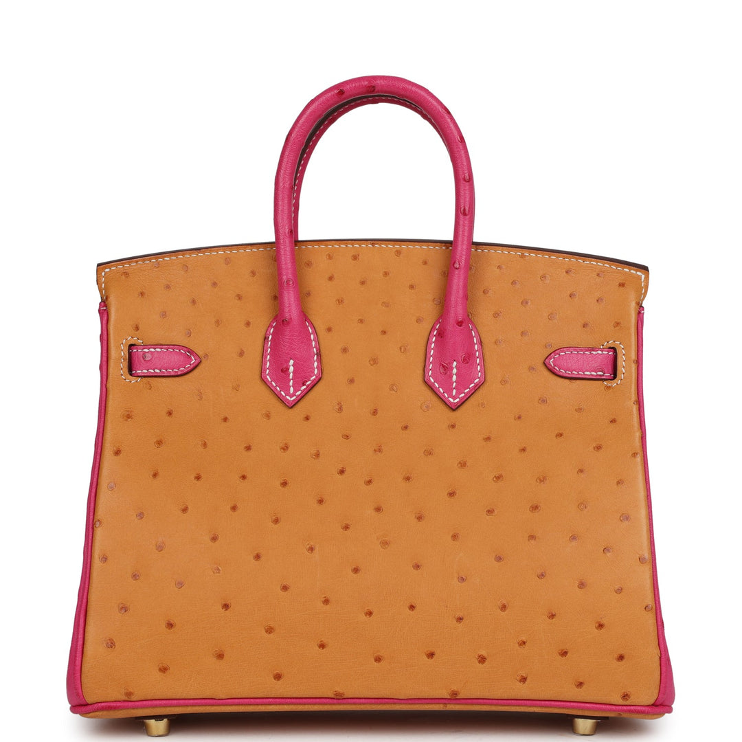 Top quality Hermes Special Order (HSS) Birkin 25 Gold and Rose Tyrien Ostrich Brushed Gold Hardware