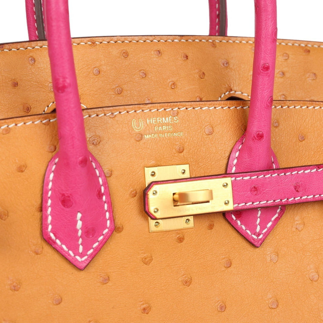 Top quality Hermes Special Order (HSS) Birkin 25 Gold and Rose Tyrien Ostrich Brushed Gold Hardware