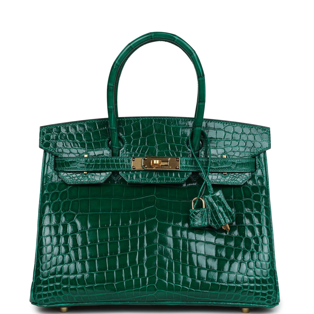 Premium Handmade Hermes Birkin 30 Emerald Shiny Niloticus Crocodile Gold Hardware