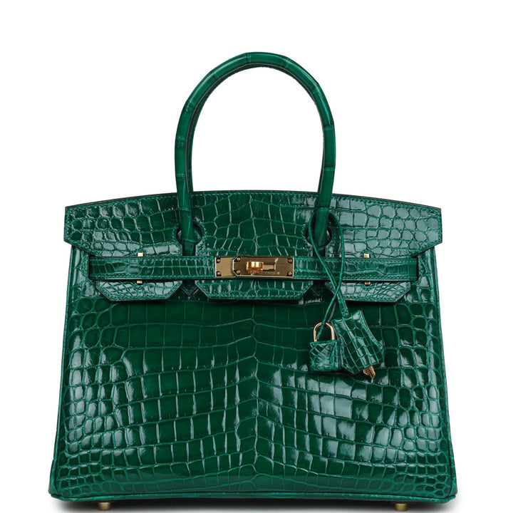 Premium Handmade Hermes Birkin 30 Emerald Shiny Niloticus Crocodile Gold Hardware