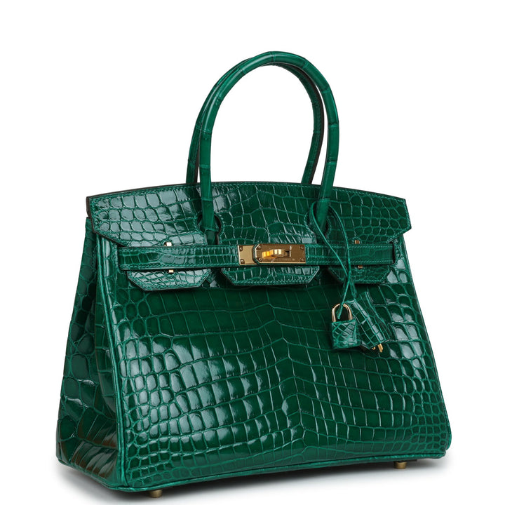 Premium Handmade Hermes Birkin 30 Emerald Shiny Niloticus Crocodile Gold Hardware