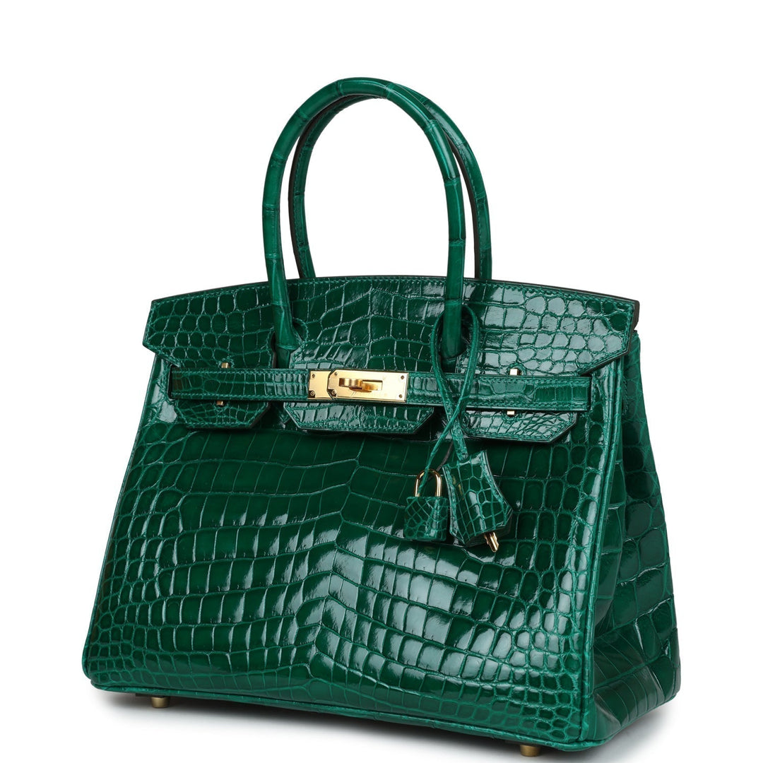 Premium Handmade Hermes Birkin 30 Emerald Shiny Niloticus Crocodile Gold Hardware