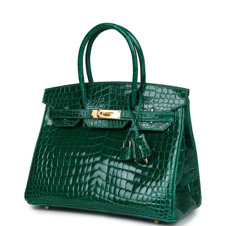 Premium Handmade Hermes Birkin 30 Emerald Shiny Niloticus Crocodile Gold Hardware