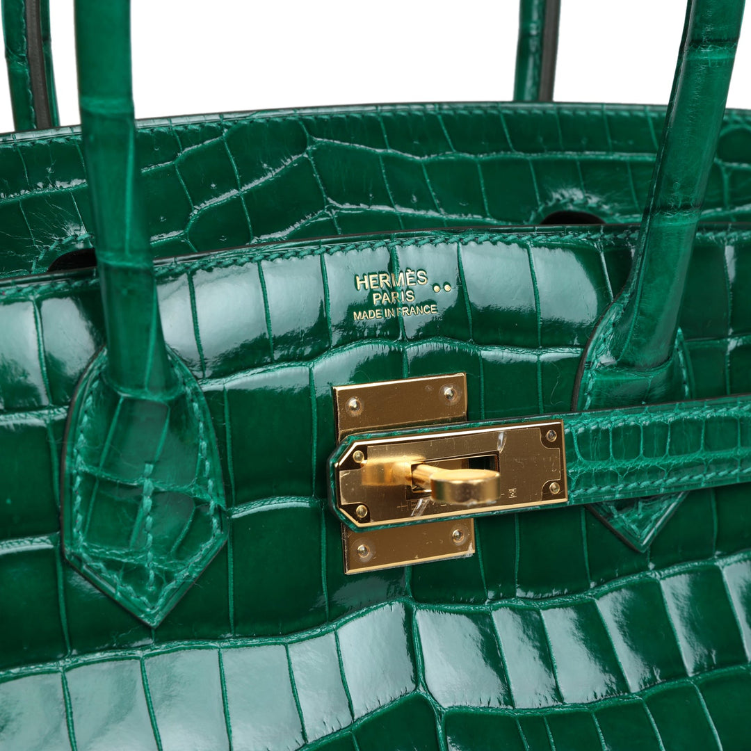 Premium Handmade Hermes Birkin 30 Emerald Shiny Niloticus Crocodile Gold Hardware