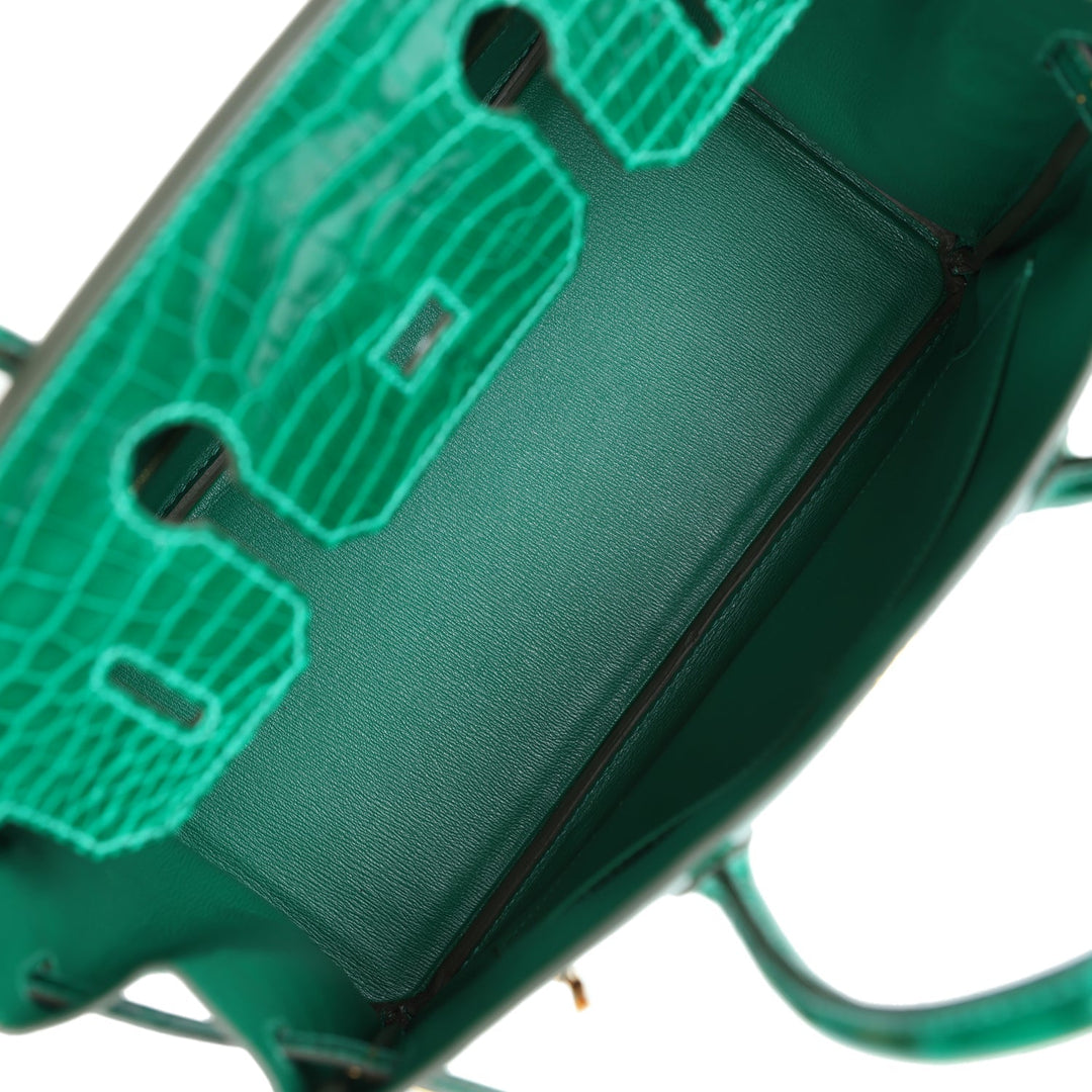 Premium Handmade Hermes Birkin 30 Emerald Shiny Niloticus Crocodile Gold Hardware