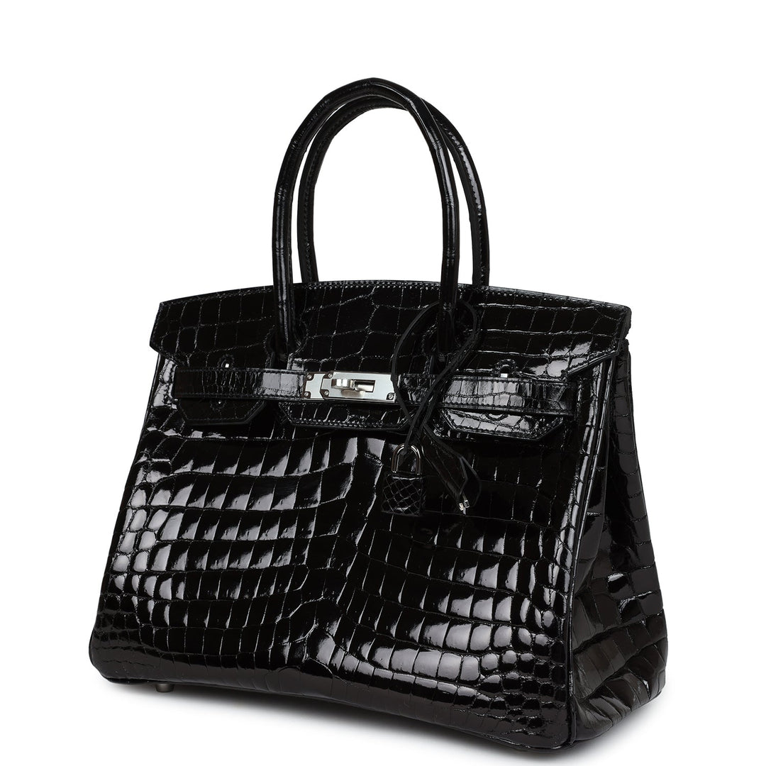 Premium Handmade Hermes Birkin 30 Black Shiny Crocodile Niloticus Palladium Hardware