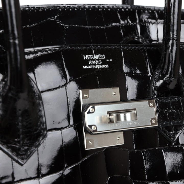 Premium Handmade Hermes Birkin 30 Black Shiny Crocodile Niloticus Palladium Hardware