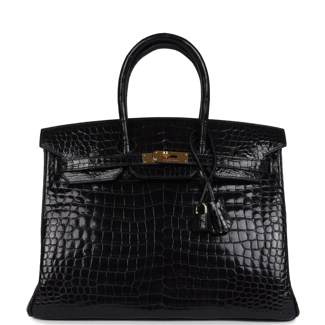 New Hermes Birkin 35 Black Shiny Porosus Crocodile Gold Hardware