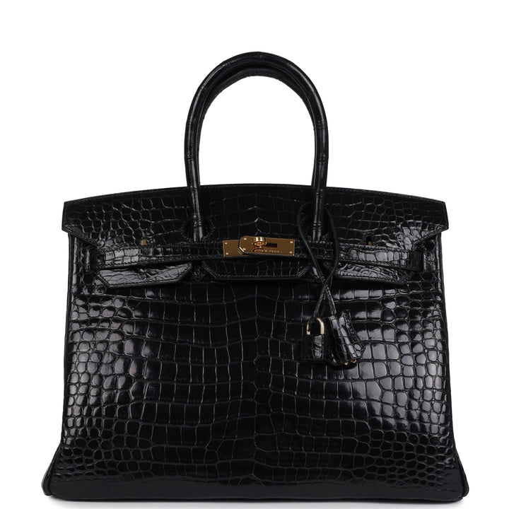 New Hermes Birkin 35 Black Shiny Porosus Crocodile Gold Hardware