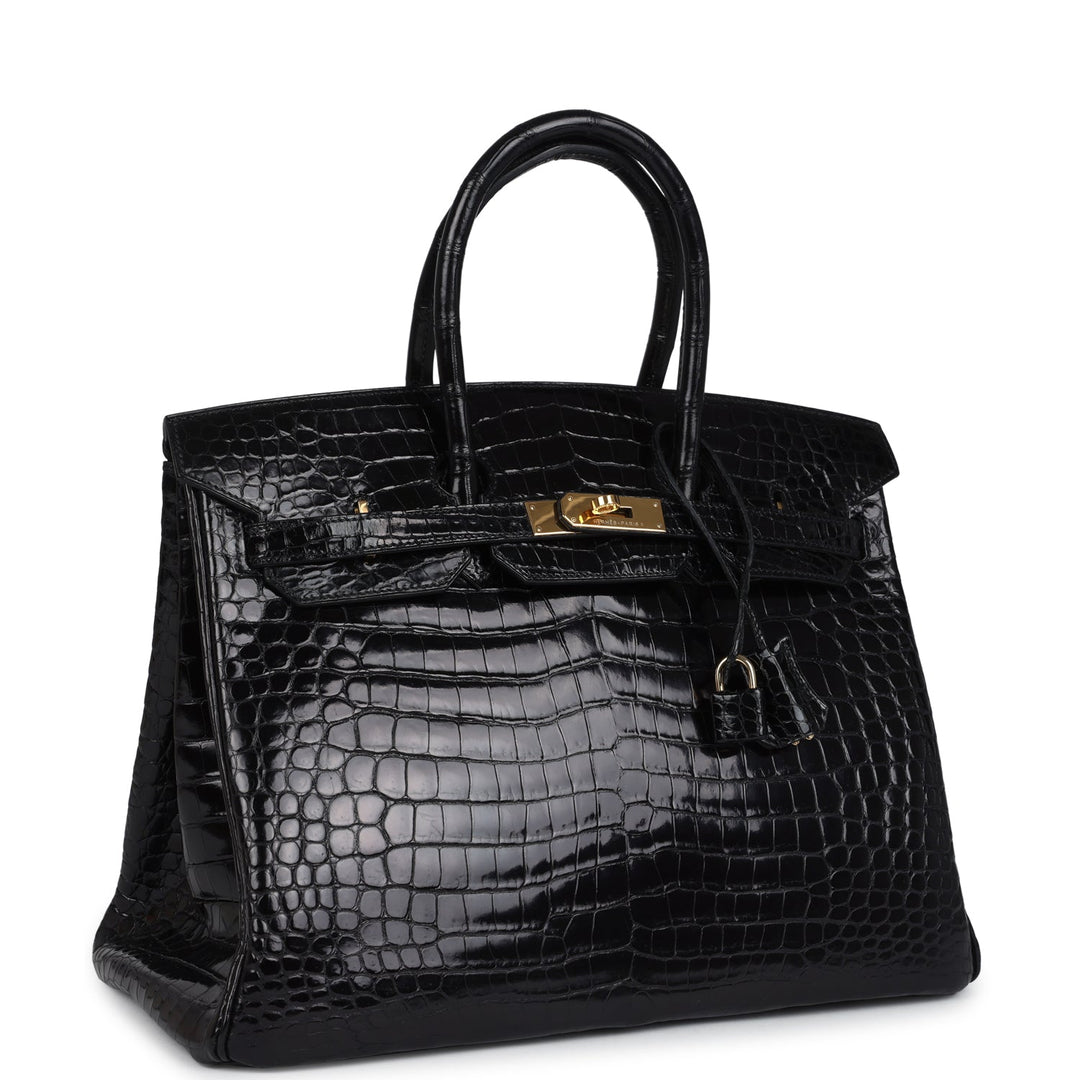 New Hermes Birkin 35 Black Shiny Porosus Crocodile Gold Hardware
