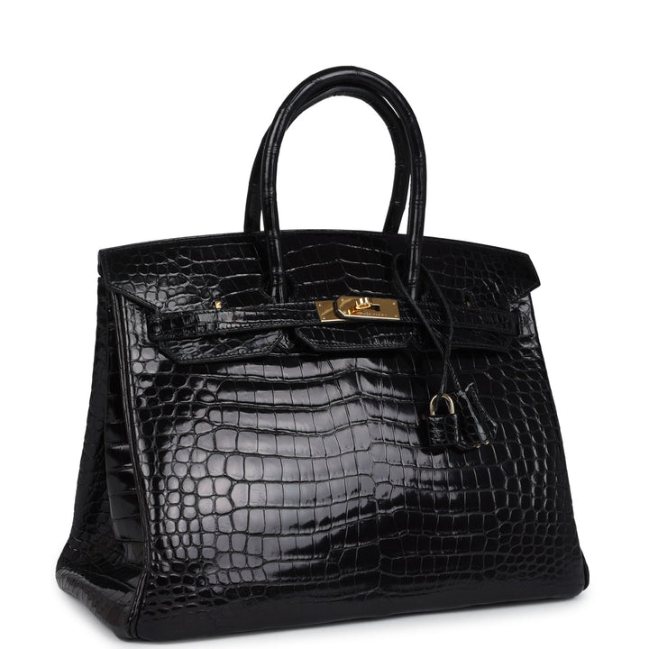 New Hermes Birkin 35 Black Shiny Porosus Crocodile Gold Hardware