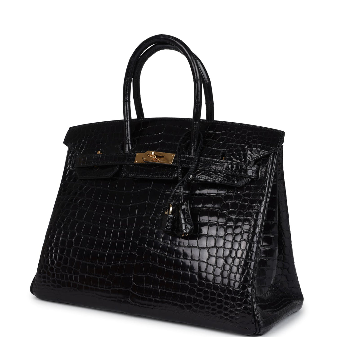 New Hermes Birkin 35 Black Shiny Porosus Crocodile Gold Hardware