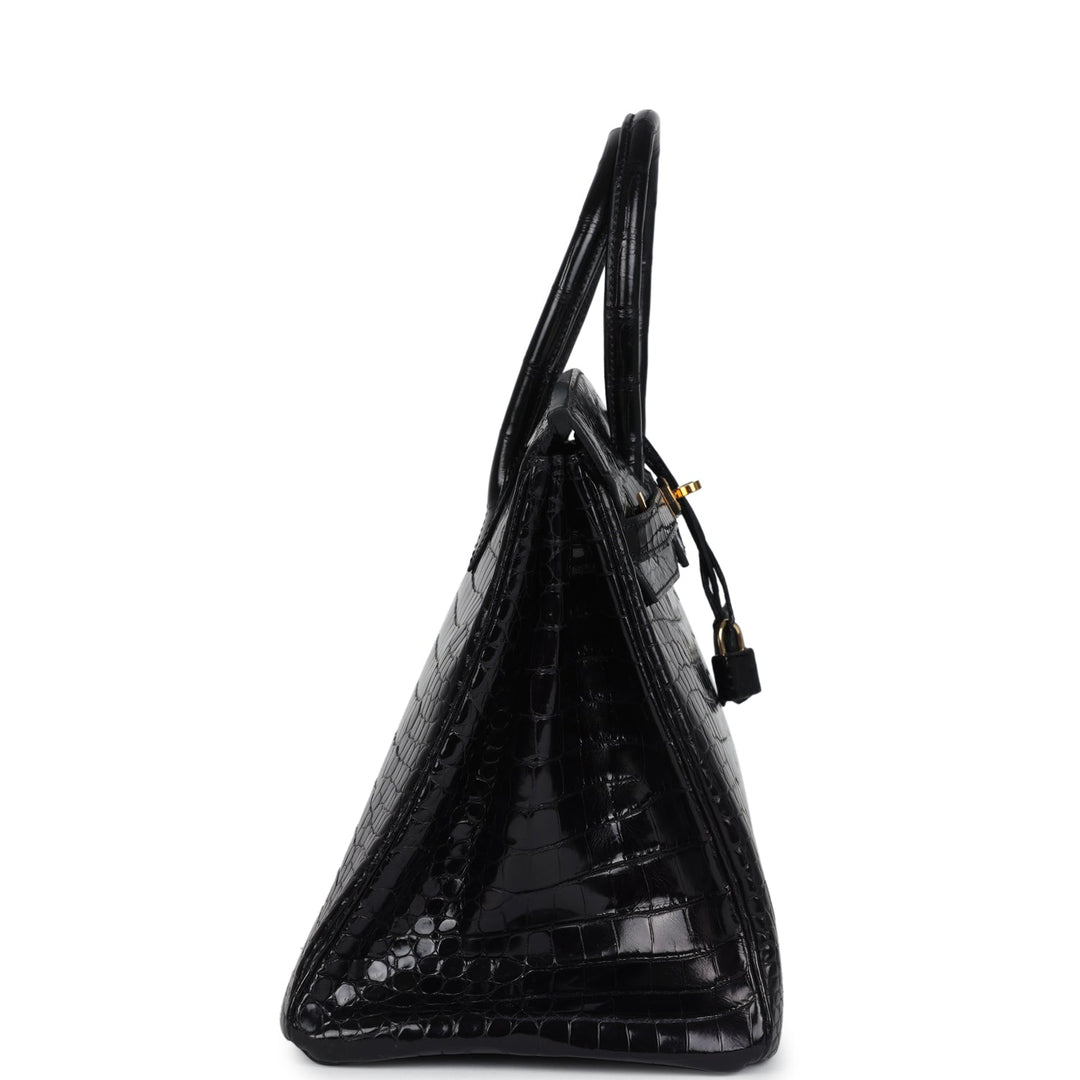 New Hermes Birkin 35 Black Shiny Porosus Crocodile Gold Hardware