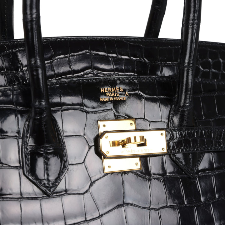 New Hermes Birkin 35 Black Shiny Porosus Crocodile Gold Hardware