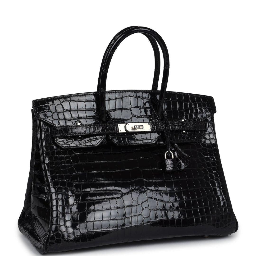 Hermes Birkin 35 Black Shiny Porosus Crocodile Palladium Hardware
