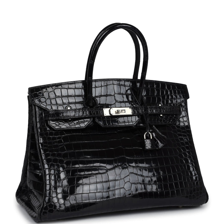 Hermes Birkin 35 Black Shiny Porosus Crocodile Palladium Hardware