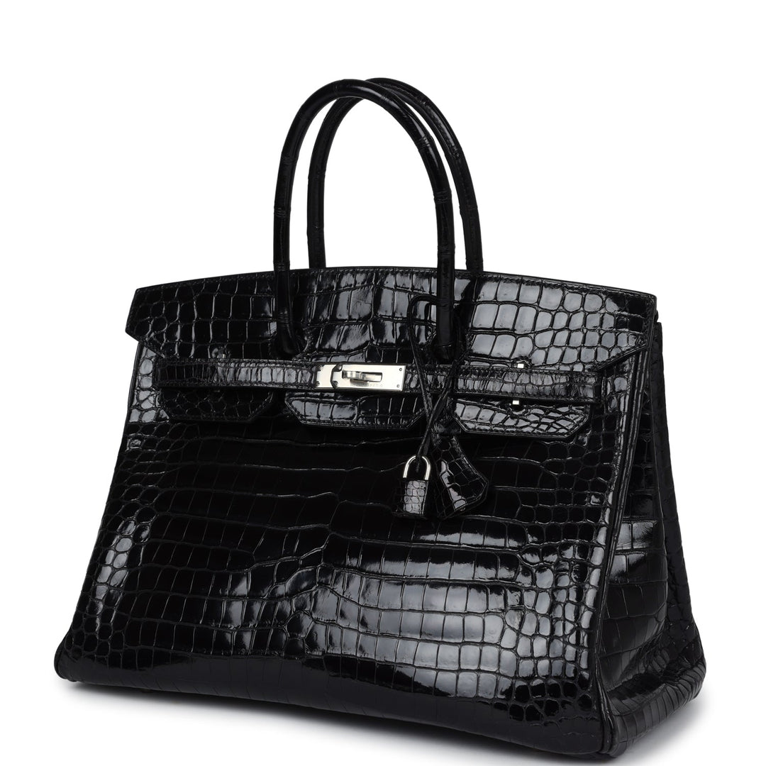 Hermes Birkin 35 Black Shiny Porosus Crocodile Palladium Hardware