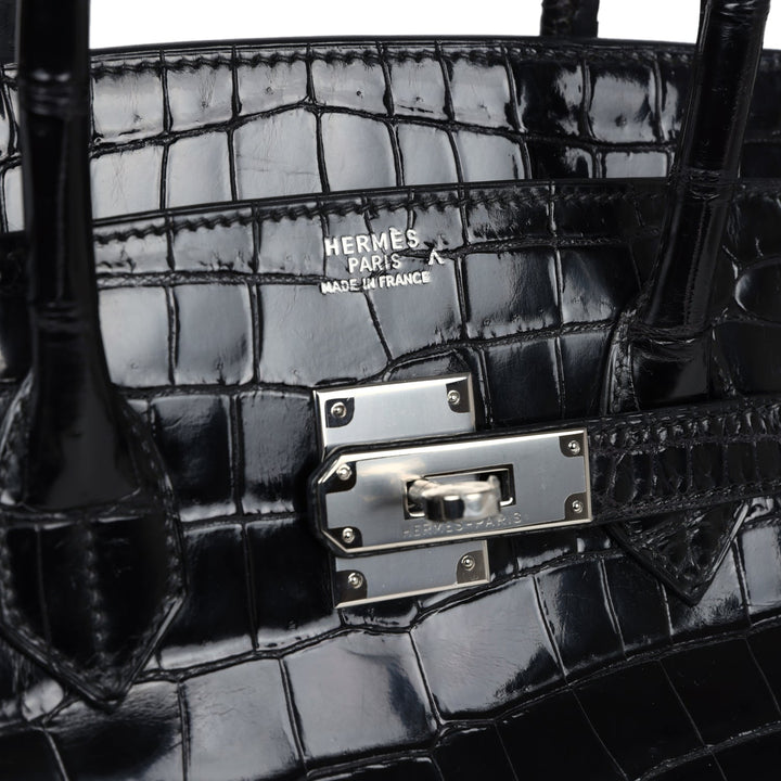 Hermes Birkin 35 Black Shiny Porosus Crocodile Palladium Hardware