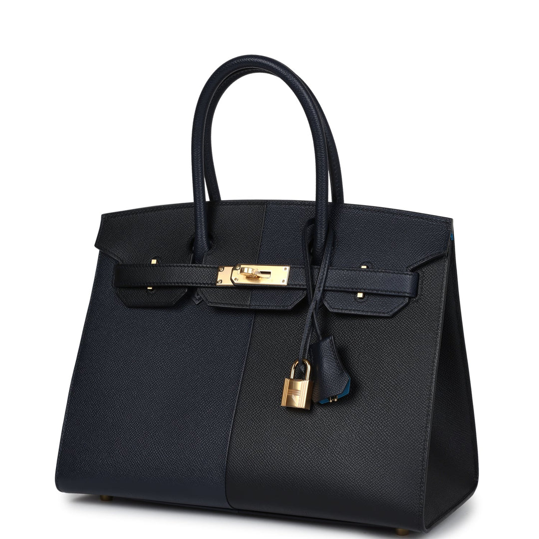 Hermes Casaque Birkin Sellier 30 Black, Bleu Indigo and Bleu Zanzibar Epsom Gold Hardware